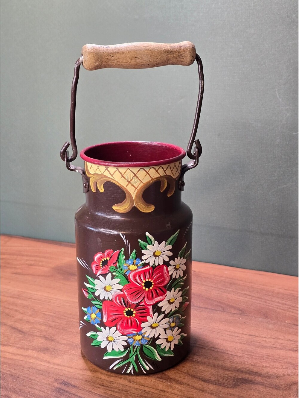 Vintage Hand Painted Metal Milk Can | Floral Folk Art Farmhouse Decor Vase